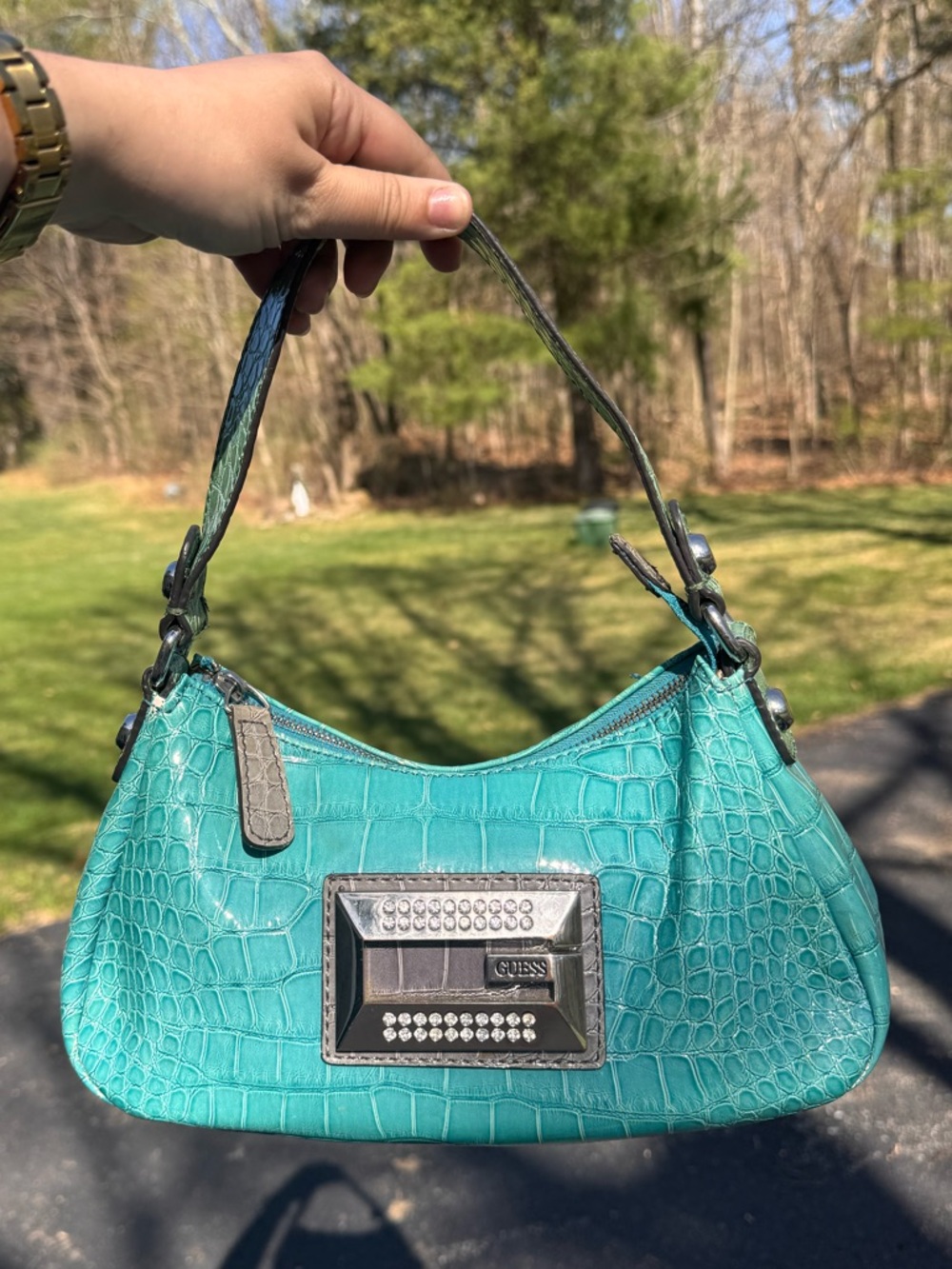 Guess vintage teal croc print purse with silver hardware
